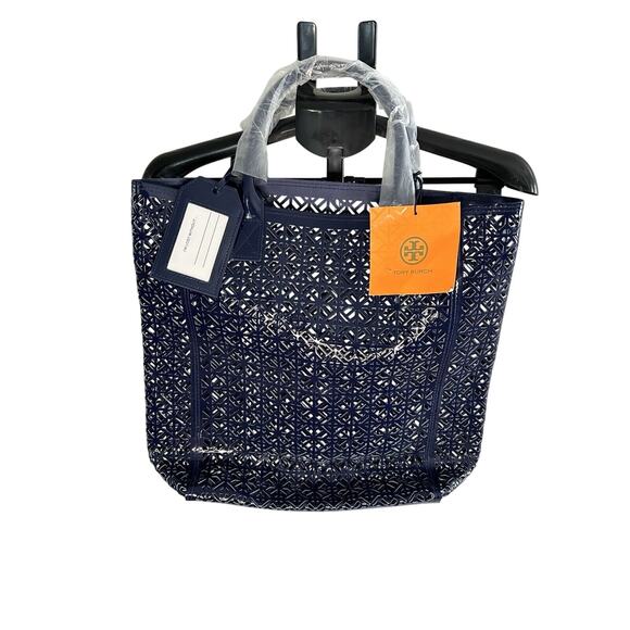 Tory Burch Lattice Perforated Navy Blue Tote Bag NWT beach travel Weekender - Picture 1 of 10